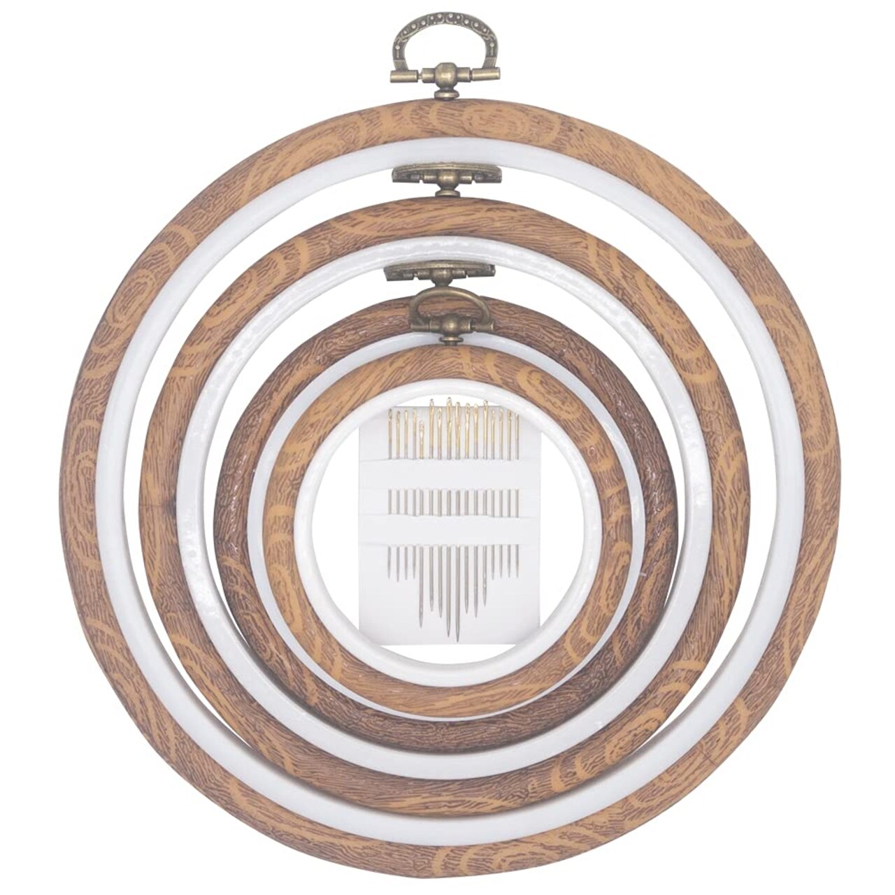 4 Pieces Embroidery Hoop Ring Plastic Cross Stitch Hoops Set Imitated Wood Display Frame Circle and Oval Embroidery Kits for Art Craft Sewing and Hanging,With 16pcs Gold Eye Sewing Needles